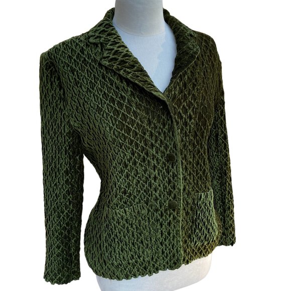 Great Cavalier Dark Green Crushed Velvet Crinkle Diamond Pattern Button Blazer-M - Picture 1 of 15